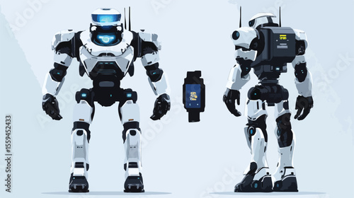 Futuristic AI Police Robot in High-Tech Flat Vector Illustration