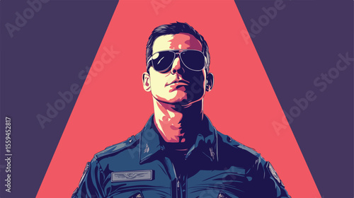 Cool Air Force Pilot in Sunglasses Flat Vector Illustration