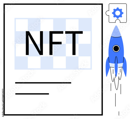 NFT file with abstract grid pattern and text, paired with a blue rocket blasting off. Ideal for blockchain, cryptocurrency, digital art, innovation, finance, technology startup concepts. A simple