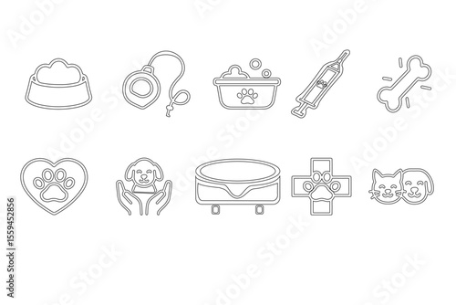 Set of 10 pet care icons in flat cartoon style