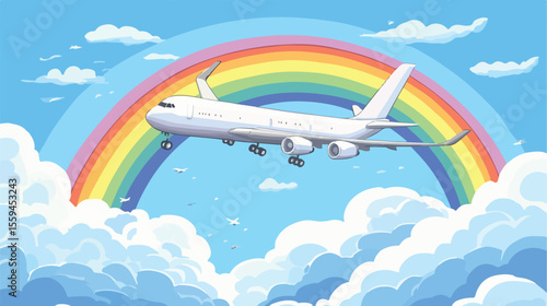 Airplane Soaring Over Rainbow Vector Illustration