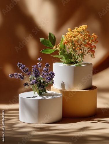 Minimalist floral arrangement with yellow and purple flowers on white pedestals against a warm brown background, casting artistic shadows.