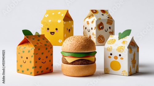 Cute Cartoon Food Packaging with Hamburger and Friendly Characters