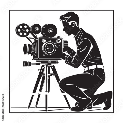 Silhouette of a filmmaker kneeling and operating a vintage film camera on a tripod