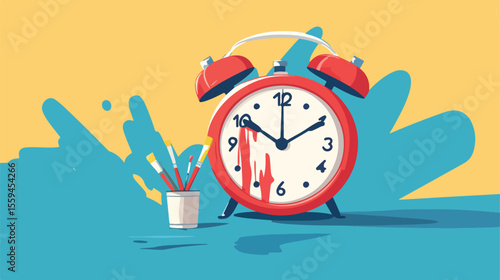 Colorful Cartoon Alarm Clock with Artist's Head Illustration