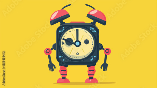 Cheerful Alarm Clock Head Cartoon Robot Character