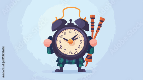 Scottish Cartoon Alarm Clock with Bagpipes Character Illustration