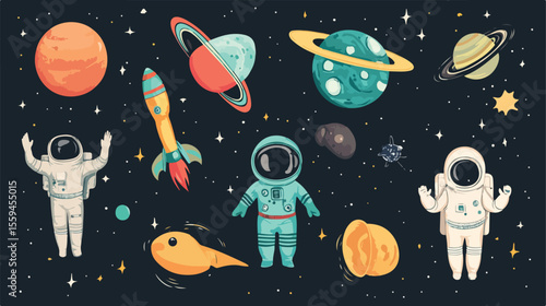 Space Set Icons with Aliens and Astronauts in Flat Vector Style