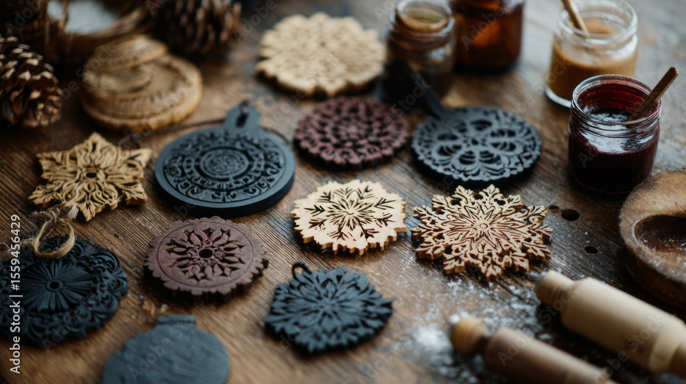 Obraz premium Wooden snowflake ornaments with paint jars and pine cones on rustic table