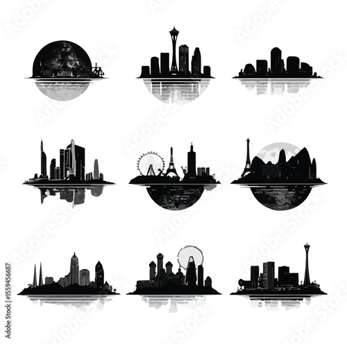vegas skyline silhouette set with sphere, Black & White silhouette set