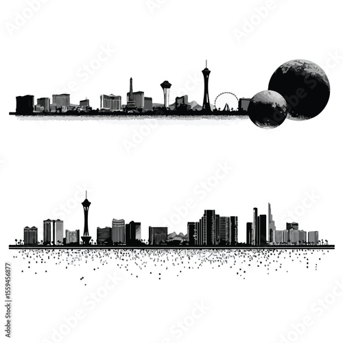 vegas skyline silhouette set with sphere, Black & White silhouette set