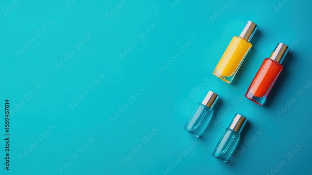 Naklejka premium Nail polishes in bottles on color background, flat lay. Space for text