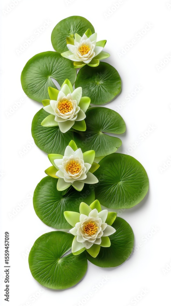 Naklejka premium Vibrant White Water Lilies on Green Leaves Isolated on White Background