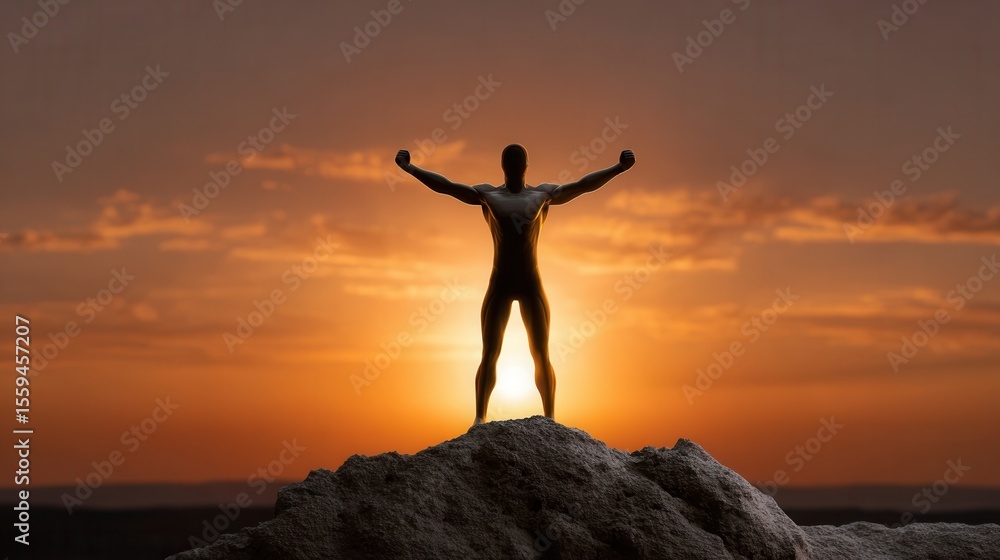 Fototapeta premium Silhouette of a Person Triumphantly Posing on a Mountain Peak at Sunset