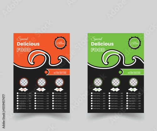 Modern creative a4 size restaurant food flyer menu card design template layout with elliptical black green and orange shape