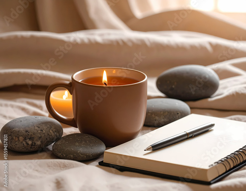 A peaceful still life with a lit candle, smooth stones, cup of tea, journal and pen, soft fabric background, warm ambient light, zen mood, no people
