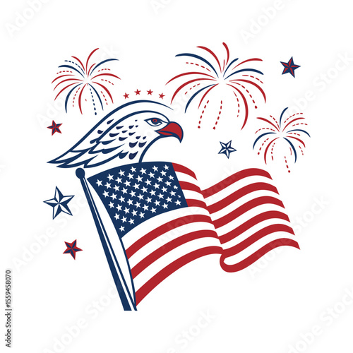 4th of July patriotic design with American flag, bald eagle, and fireworks.