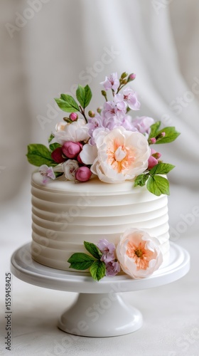 Elegant floral cake design with delicate pastel flowers and greenery