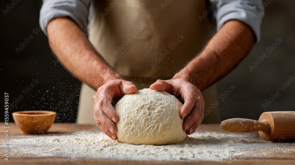 Preparing Fresh Dough for Baking in a Rustic Kitchen Setting Preparing Fresh Dough for Baking in a Rustic Kitchen Setting