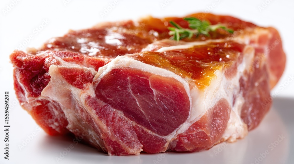 Obraz premium Close-up of a raw pork chop with marbled fat and fresh herbs on top, isolated on a white background.
