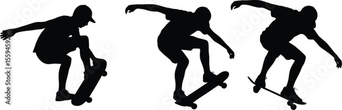 Dynamic Skateboarder Silhouettes: Action Tricks and Jumps Illustration Set