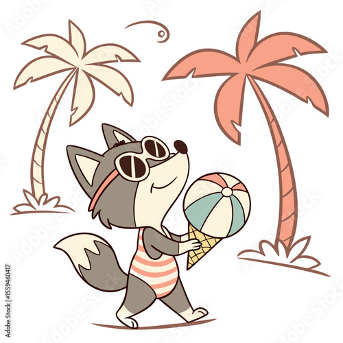Vector illustration of a Bashful Wolf with reading a book, styled in a Summer Vacation theme using Beach Bliss colors