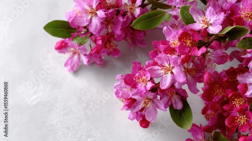 Vibrant pink blossoms with green leaves on a light textured background, showcasing nature's beauty and freshness.