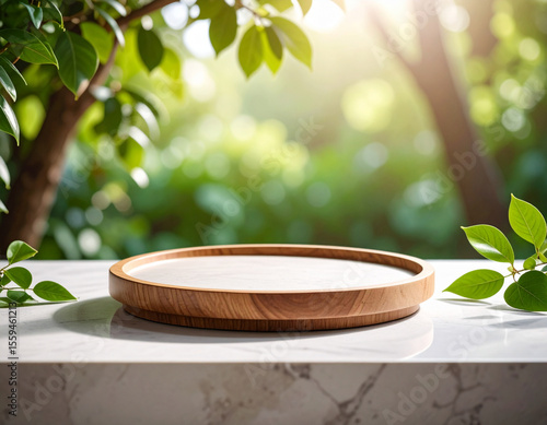 Wooden Tray in Natural Setting: A simple, yet elegant, wooden tray rests on a marble table, framed by the vibrant, sun-drenched greenery of a tranquil outdoor space, a perfect setting for display.