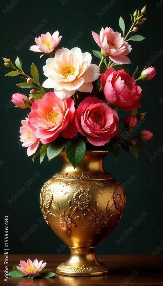 Obraz premium Exquisite floral masterpiece in a gleaming golden vessel; intricate detailing enhances the beauty , floral design, wedding inspiration