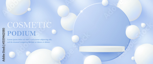 3D skincare and cosmetic podium scene with soft white bubbles on pastel blue background for beauty product display, brand ads, branding mockup, showcase and advertising or wellness campaigns