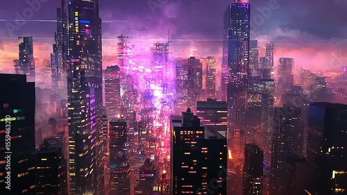 Wallpaper Mural Vibrant city skyline at dusk with neon lights reflecting in the buildings and a hazy atmosphere Torontodigital.ca