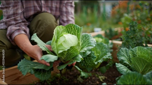 Gardener harvesting fresh cabbage in raised garden bed during sunny day in spring