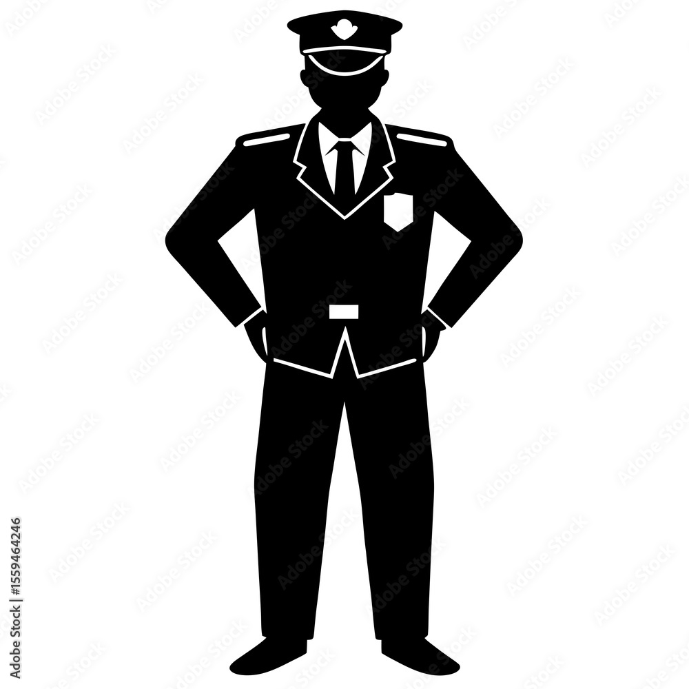 Policeman standing with badge silhouette illustration Policeman standing with badge silhouette illustration