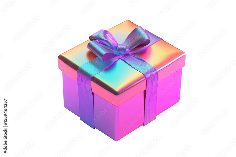 Obraz premium Iridescent gift box with ribbon tied in a bow isolated on transparent background