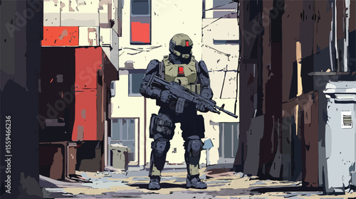 Mysterious Armor Character Standing in Urban Backstreet
