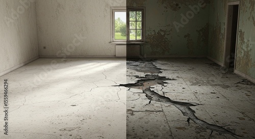 Cracked concrete floor in a dilapidated room.