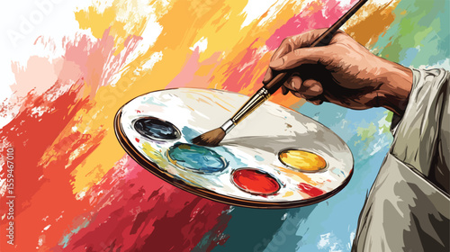Creative Artist Holding Paintbrush and Palette, Colorful and Vibrant Artistic Inspiration Concept