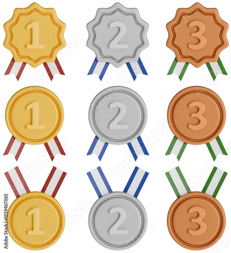 1등 2등 3등 메달 세트 3D 일러스트 / 1st 2nd 3rd Place Medal Set 3D Illustration
