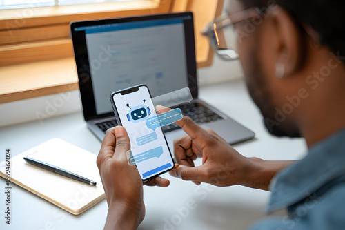 African American man using AI chatbot app on smartphone, laptop in background, modern workspace, professional, focused.