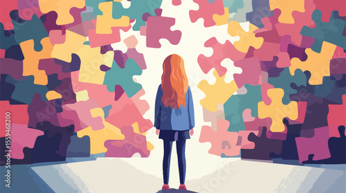 Autism Girl Alone Flat Vector Illustration