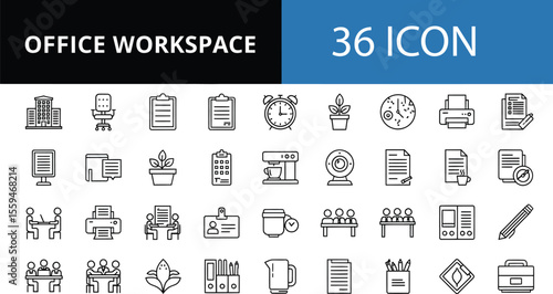 Office Workspace: Essential Black Line Icons Set