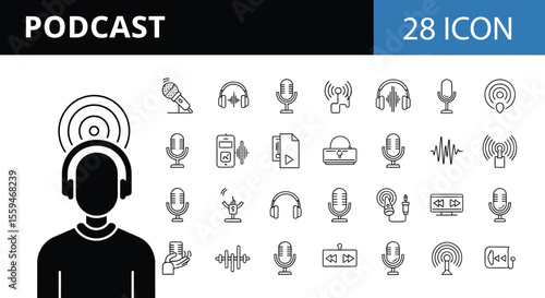 Podcast Essentials: Modern Black Line Icons Set