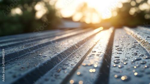 Raindrops on dark corrugated metal roofing. Glossy water beads forming patterns on the roof surface.