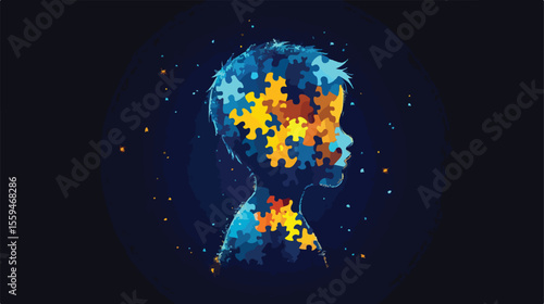 Autism Puzzle in Child Shape Flat Vector Illustration