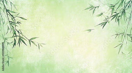 Elegant Green Bamboo Leaves Watercolor Painting on Textured Background