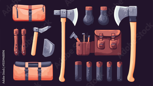 Outdoor Camping Gear Flat Vector Illustration with Axe - Adventure Equipment Centered Display