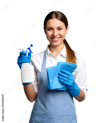 Happy smiling cleaning lady holding spray bottle and cleaning cloth, isolated on transparent background