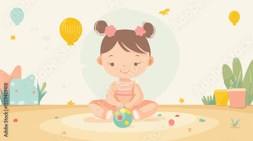 Cute Baby Girl Playing with Rattle Toy Vector Illustration