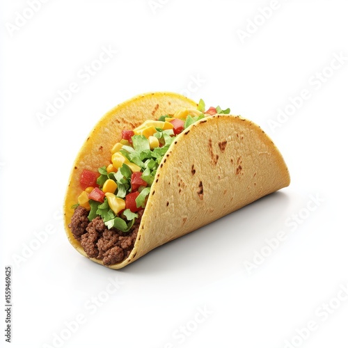 Ground Beef Taco with Lettuce, Tomatoes and Cheese on White Background