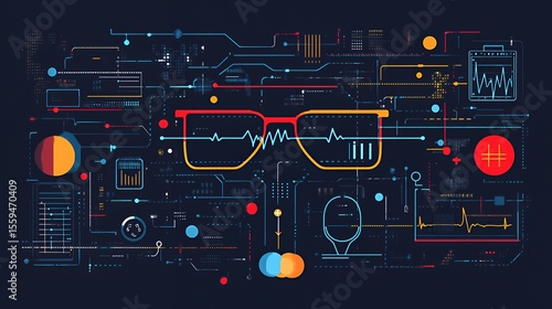 Stylized digital glasses amid a futuristic tech interface design.
